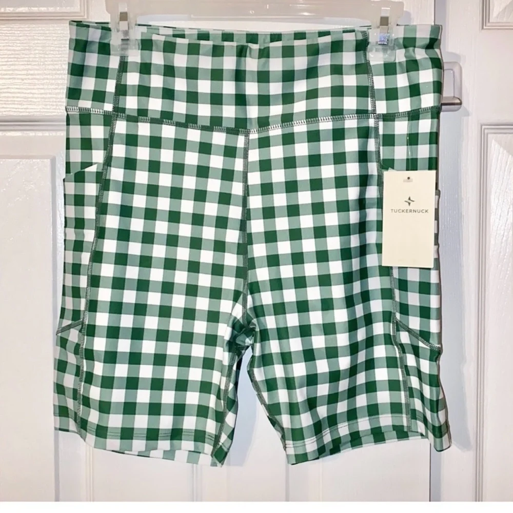 Tuckernuck Trellis Gingham Biker Shorts S NWT Green White 6” High Waist Pockets